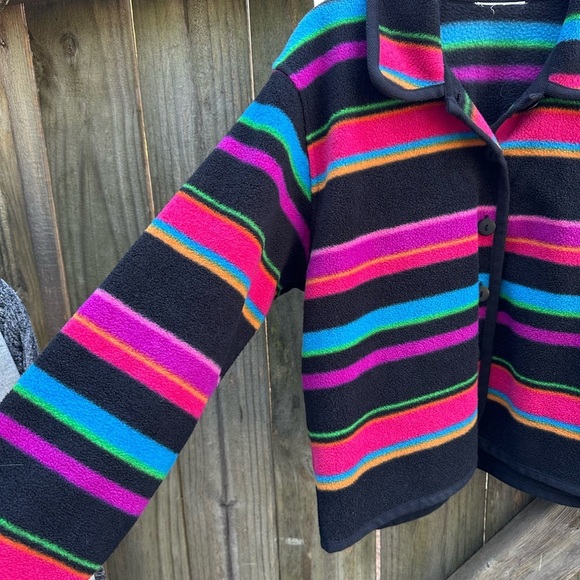 Talbots Horizontal Rainbow Striped Synchilla Knit Fluffy Button Front Jacket - Picture 5 of 6